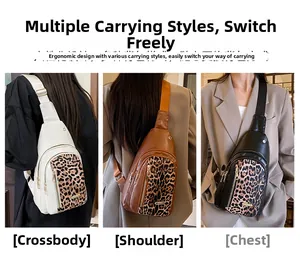 Three-way carry leopard print chest bag showing back, side, and front styling