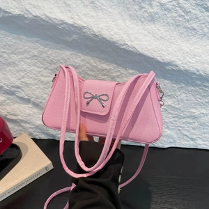 Fashion Women PU Baguette Bag Large Capacity Underarm Shoulder Bag With Metal Bow Decoration Woven Texture Casual Streetwear Handbag
