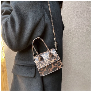 Detailed view of mini leopard print crossbody bag with sleek top handle and flap closure