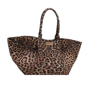 Large leopard print tote bag with golden metal hardware and double top handles for women