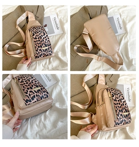 Detail shots of leopard print crossbody bag with dual-zipper compartments and nylon strap