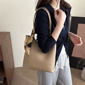 Khaki large capacity leather tote bag with silk scarf accessory for women office use