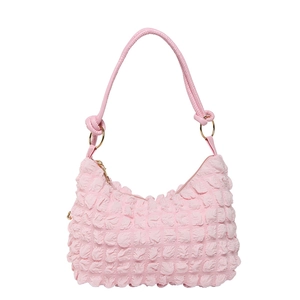 Pink popcorn texture shoulder bag for women with elegant pleated fabric and silver rings