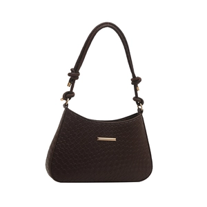 Dark brown faux leather baguette shoulder bag with woven texture and gold metal detail