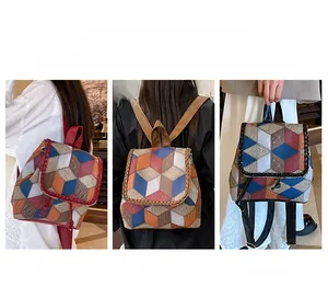 Multi-way commuter bag shown in backpack, shoulder, and handbag modes with geometric pattern