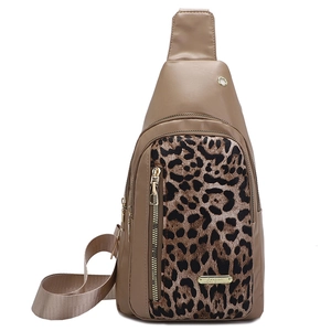 Fashionable leopard print crossbody chest bag with adjustable strap and multiple zippers