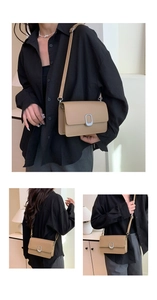 Detailed views showing the brown crossbody bag with silver oval metallic buckle and thin strap