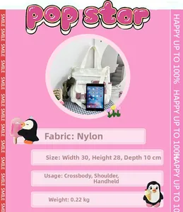 White nylon messenger bag with green frog charm showing 30x28x10cm size dimensions with iPad