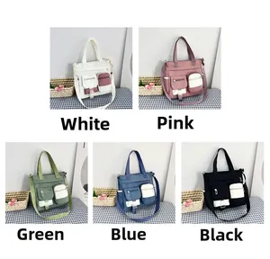 Detailed grid showing multi-pocket canvas tote bags in white, pink, green, blue and black