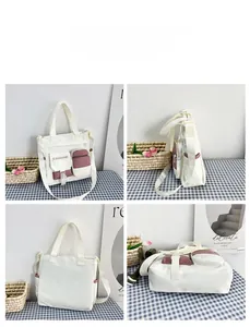 Detailed four-angle view of white canvas tote bag showing pockets and strap features