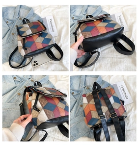 Detail view of colorful patchwork PU leather backpack with drawstring closure and magnetic flap