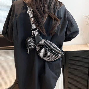 Chic black rhinestone chest bag with silver crystals and geometric wide shoulder strap
