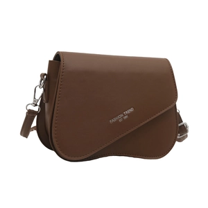 Brown vintage leather crossbody bag with asymmetrical flap and silver text logo detail