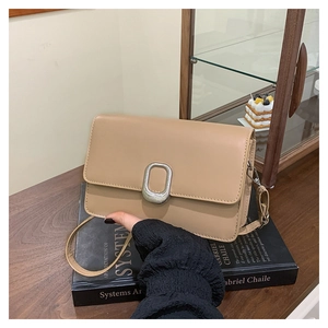 Minimalist khaki PU leather square crossbody bag with silver oval metal buckle