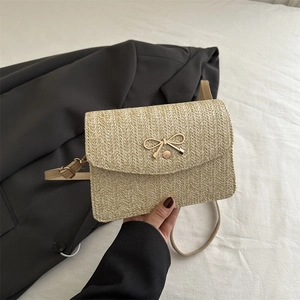 Women's Korean Fashion Straw Woven Shoulder Bag Bow Metal Buckle Crossbody Small Square Bag For Summer Vacation Daily Use