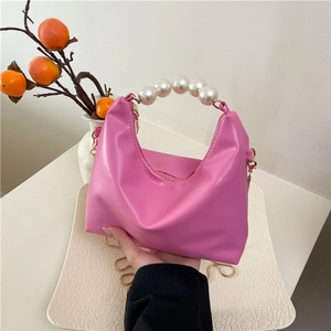 Women Artificial Pearl Handle Hobo Bag PU Leather Solid Color Small Shoulder Bag With Gold Metal Chain Strap French Style Crossbody Bag