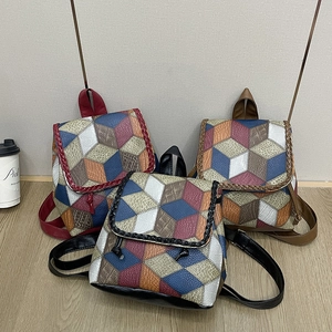 Women's 3D geometric patchwork PU leather backpack with braided trim in three colors