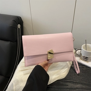 Women Fashion PU Leather Envelope Clutch Bag With Geometric Metal Lock Horizontal Ribbed Texture Handbag Wristlet Purse