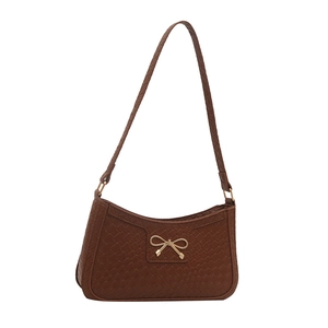Deep caramel bow shoulder bag with woven texture and gold hardware for women