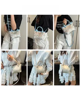 Collage of model carrying a blue and beige embroidered bucket bag with long tassels