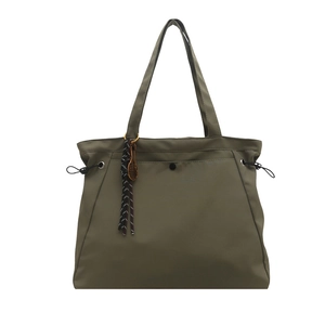 Olive green large capacity tote bag with tennis racket charm and drawstring detail