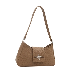 Brown woven texture baguette bag with star charm and vintage underarm shoulder strap style