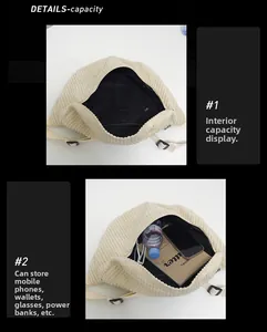 Detail of beige corduroy crossbody bag showing large interior capacity and zipper pocket
