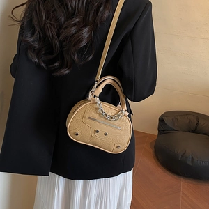 Minimalist beige shell bag with croc embossed leather and silver metallic studs