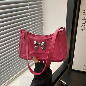 Women Fashion PU Leather Underarm Bag Geometric Embossing Shoulder Bag With Metal Bow Chic French Style Daily Armpit Bag