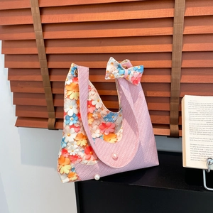 Women Floral Patchwork Cat Silhouette Tote Bag PU Fabric Large Capacity Shoulder Hobo Bag With Bow Artificial Pearl Decor Casual Handbag