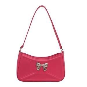 Fuchsia moon-shaped shoulder bag with silver metallic bow and geometric stitching
