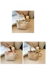 Detailed comparison of woven bucket bags in beige, pink, and khaki with leather triangle logo