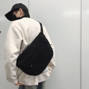 Japanese style black corduroy crossbody bag with large capacity for women