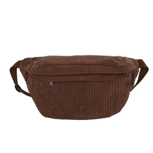 Minimalist brown corduroy crossbody chest bag with adjustable strap and metal zippers