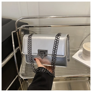 Detail of silver metallic crossbody bag with chain strap and square buckle closure