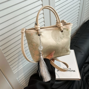 New Chinese Style Embroidery Water Bucket Bag For Women Vintage Satin Look Crossbody Shoulder Bag With Tassel Pendant
