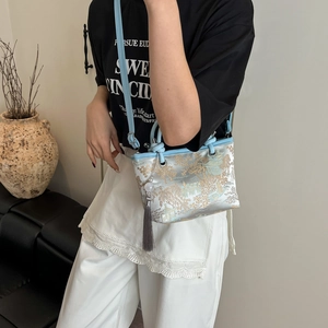 New Chinese style embroidered bucket bag with silk floral pattern and blue leather strap