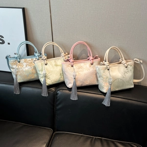 New Chinese style embroidered bucket bags in four pastel colors with elegant silk tassels
