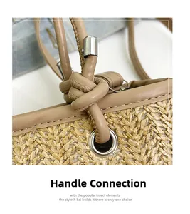 Macro detail of leather handle with silver eyelet on woven straw tote handbag