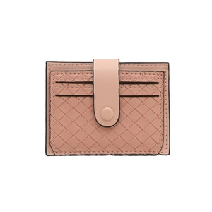 Pink woven leather mini card holder wallet with snap closure and multi-card slots