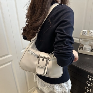 Minimalist beige large capacity shoulder bag with metal buckle and decorative zippers