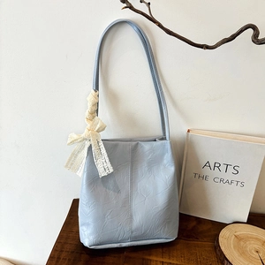 Large Capacity PU Leather Shoulder Bag For Women Pleated Textured Bucket Bag With Lace Bow Decor Elegant Commute Tote