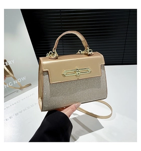 Close-up of champagne gold crossbody bag with sequin patchwork and metal chain buckle