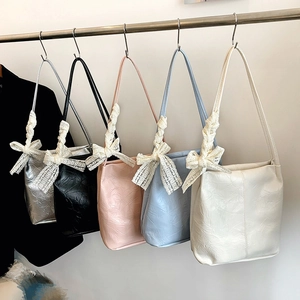 Large capacity tote bags with lace bow in silver, black, pink, blue and white colors