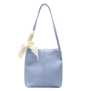 Light blue PU leather tote bag with lace bow decoration and crinkle texture for women