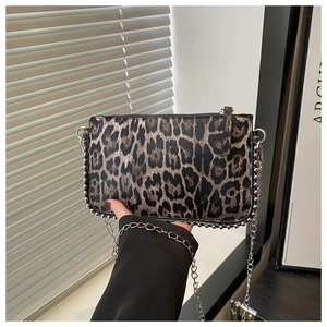 Detail of leopard print crossbody bag with silver stud trim and metal chain strap