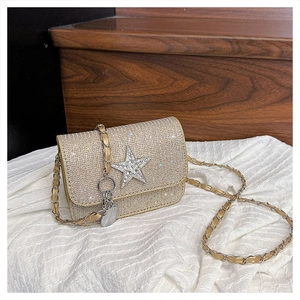 Dettaglio della borsa a tracolla in strass oro champagne con emblema a stella e catena