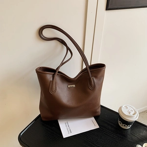 Sac Fourre-tout en Cuir PU de Grande Capacité pour Femmes Minimaliste Couleur Unie Sac à Épaule pour Bureau Navettage Sac à Main