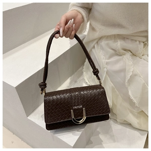 Detailed view of dark brown snakeskin texture handbag with a large golden D-shaped buckle