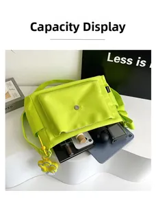 Détail montrant la grande capacité du sac en nylon vert néon pour tablette et parapluie